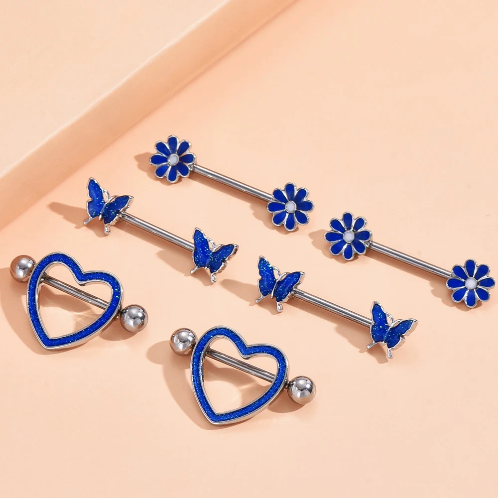 4Pairs Gold Color Butterfly Heart Flower Nipple Ring Sets 14G Stainless Steel Dangled Shield Barbell for Women Nipple Piercing