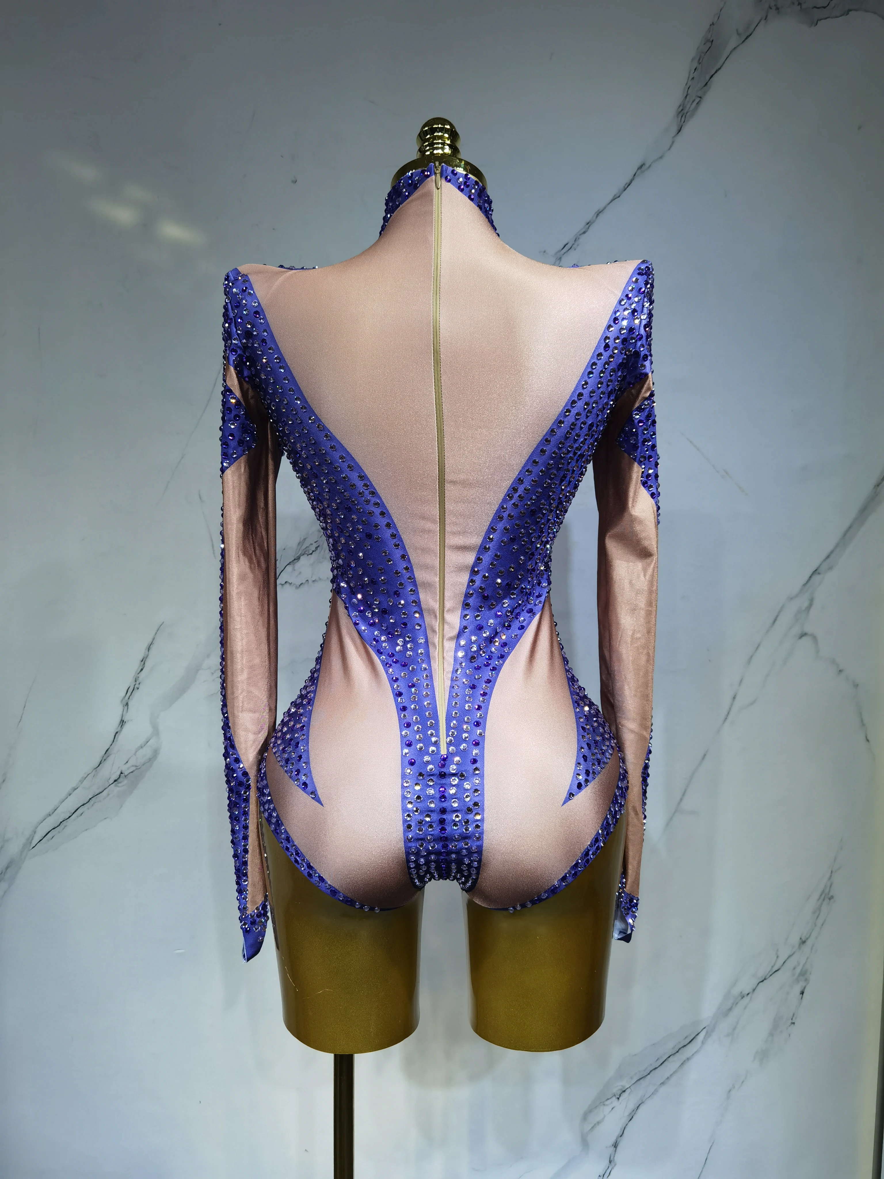 Leotardo Sexy con cristales azules brillantes para club nocturno, celebración de cumpleaños, mono con diamantes de imitación, traje de baile, ropa para sesión de fotos en escenario