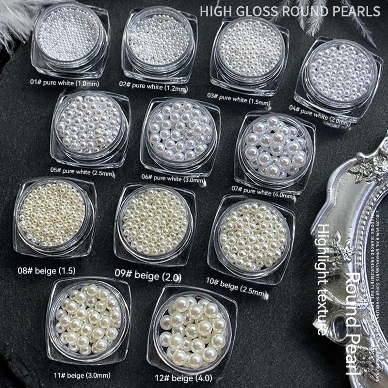 Box-Packed Pearls White Nail Beads Rhinestone Round Beige White Without HolesPearls For DIY Manicure Decoration Bead1Box