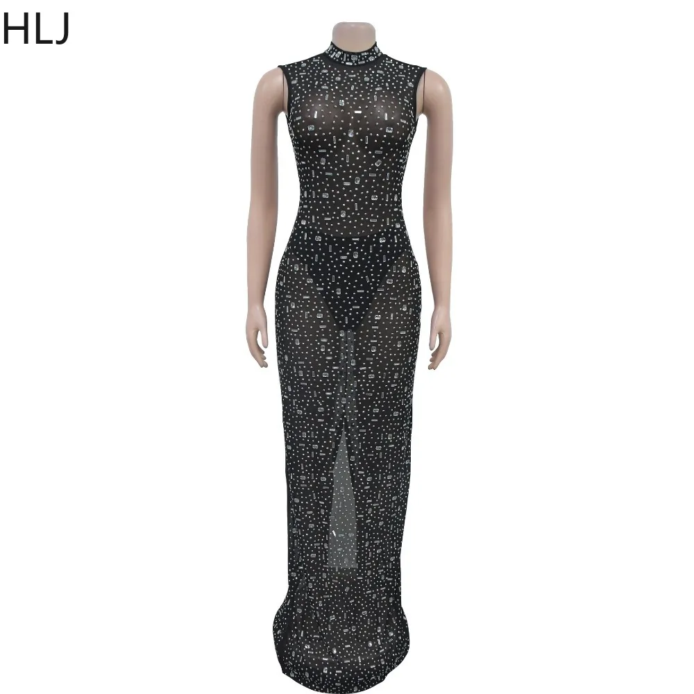 HLJ Sexy strass vedere attraverso abiti lunghi senza maniche aderente Maxi abiti maglia dolcevita vestito da festa di compleanno sera nuovo