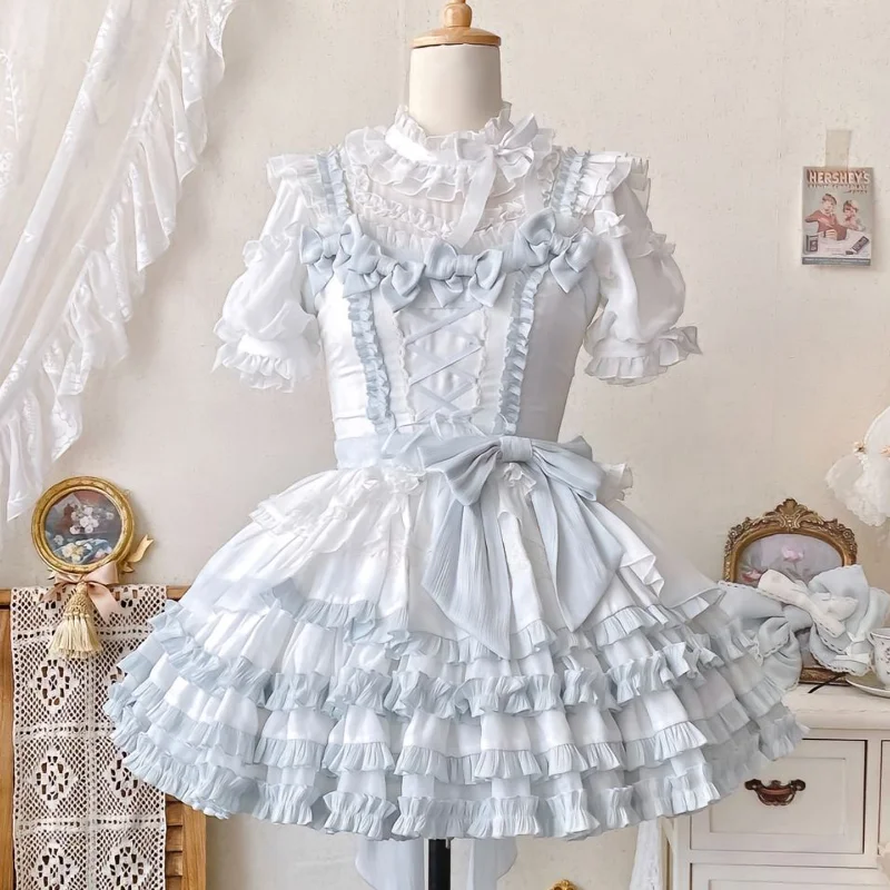 

Ruffles Collar Puff Sleeve Inner Shirt Lace-up Bow JSK Princess Short Dress Two-Piece Set 2025 new Sweet Cute Lolita Dress Suit