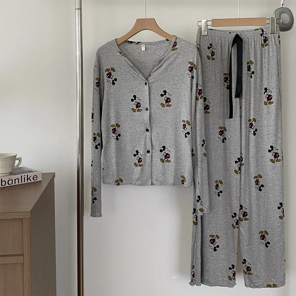 Cartoon Mickey Mouse Pyjama Lente Herfst Lange Mouw Dames Nachtjapon Set Leuke Thuis Nachtkleding V-hals Thuis Kleding