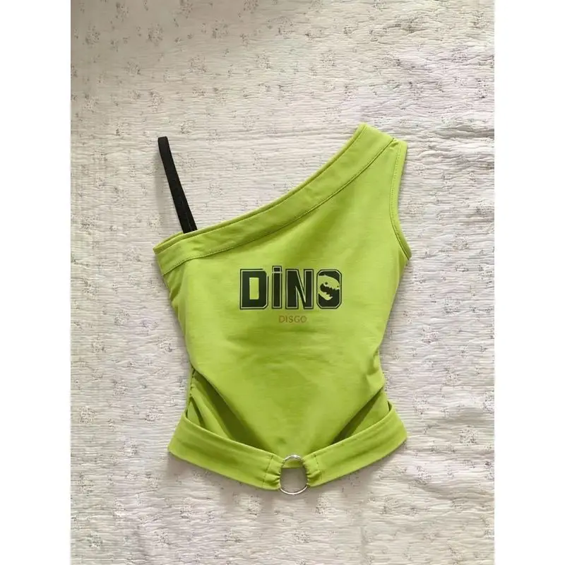 Spicy Girl Short Crop Top Women's Design Hollow out Waist Metal Buckle Slimming Belly Show off Shirt Korean Casual Style