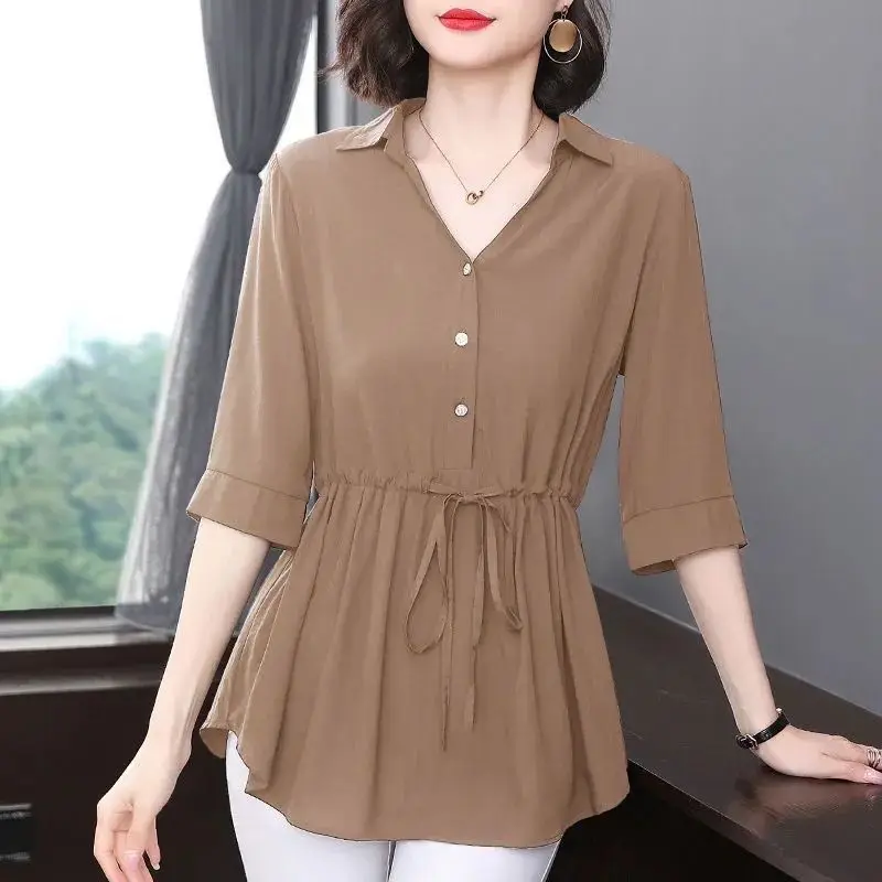 Women Clothing Summer Fashion Elegant Lace Up Slim Shirt Solid V Neck Half Sleeve Office Lady Blouse Irregular Tunic Tops Blusas