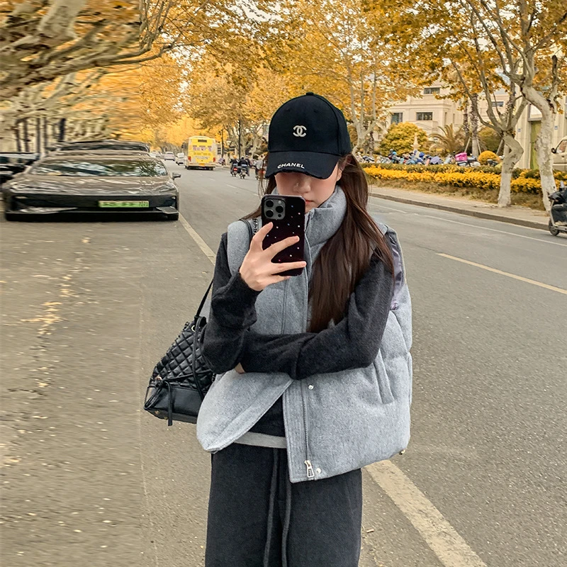 Chaleco de algodón corto para mujer, versión coreana 2025, chaleco de piel de cordero sin mangas con cuello levantado, chaqueta negra y gris, Top Tide