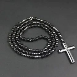 Hematite Health Men's Necklaces Cross Pendant Rosary Beaded Crucifix Necklace for Him Father Religious Jewelry Gift