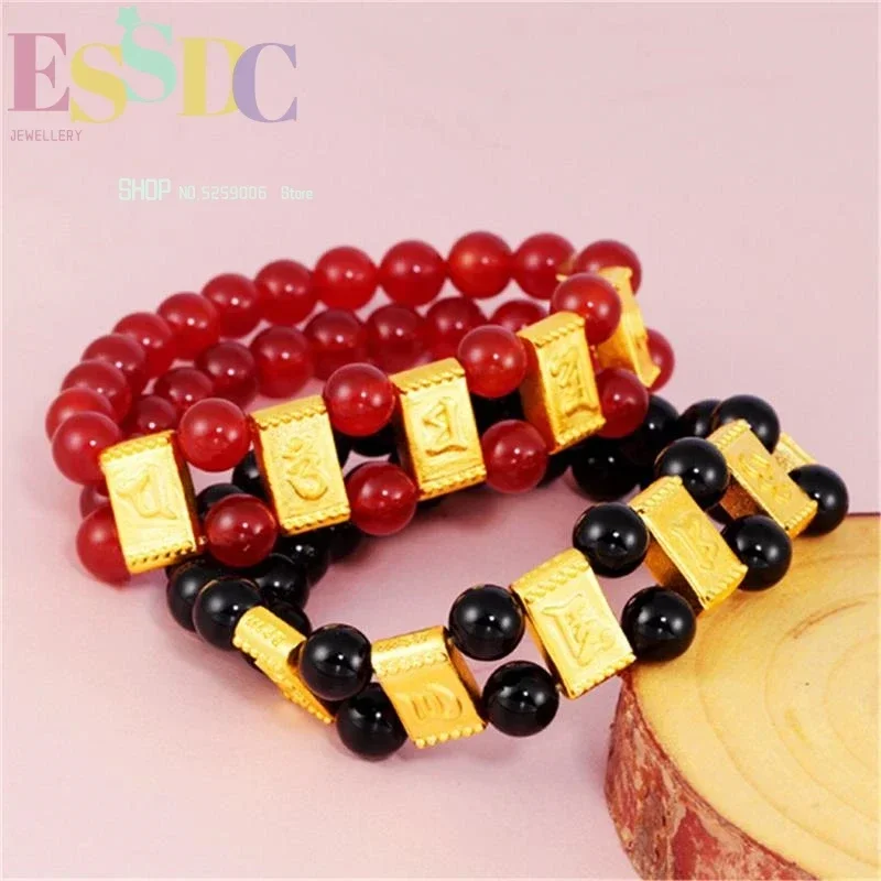 New Imitation Gold Six Syllable Mantra Transfer Luck Natural Red & Black Onyx Beads  Elastic Bracelets for Men and Women