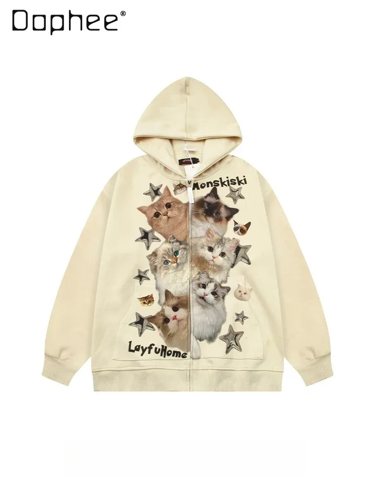 

2026 Spring Autumn American Retro Style Men's Star Cat Print Loose Casual Daily Wear Black Apricot Hooded Sweatshirt