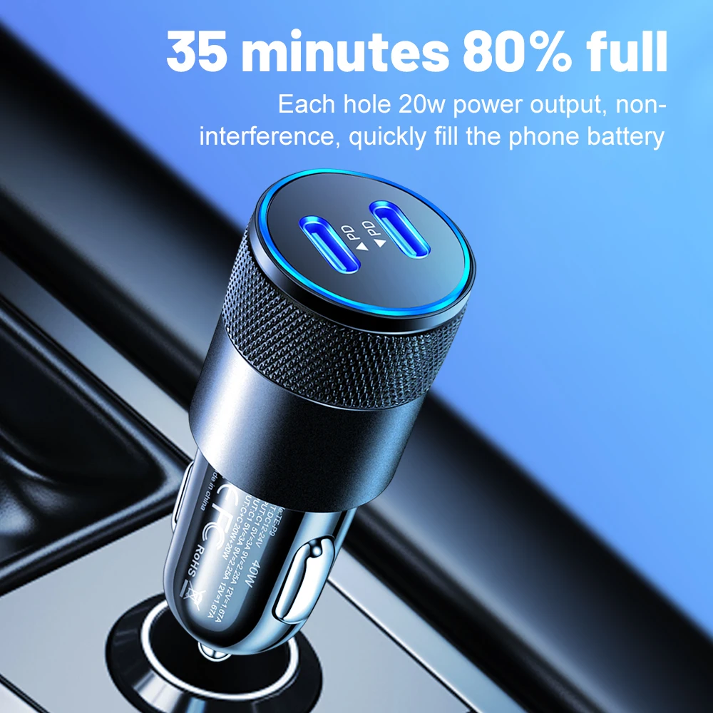 40W Dual PD Car Charger Adapter Fast Charging Type USB C Quick Charger in Car Mobile Phone for iPhone15 Pro Max Xiaomi 14 Huawei