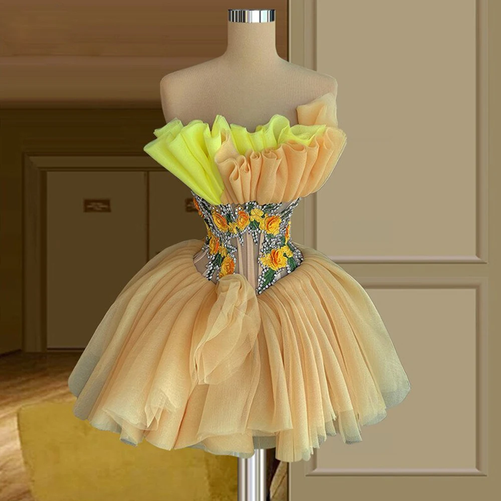 EOENKKY Sexy Evening Dresses 2023 Yellow 3D Flower Tulle Ball Gowns Luxury Beading A-Line Strapless Prom  Robe De Soiree