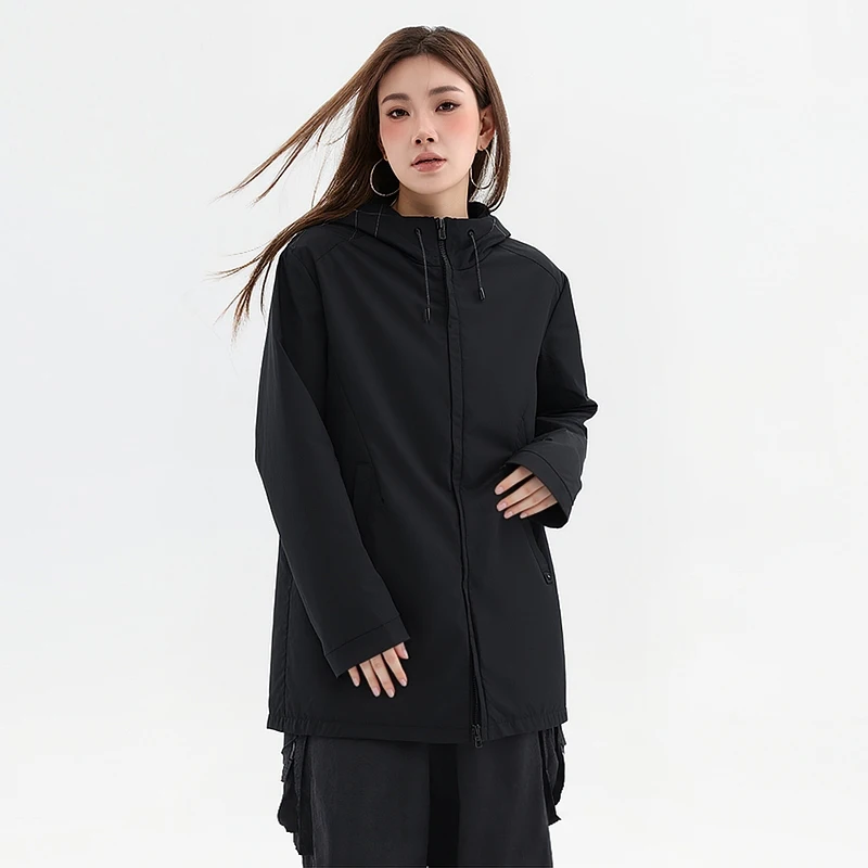 

H-Home Autumn 2025 Women's Faion Simple Casual Hooded Mid-Length Jaet Busin Gentleman Sle Stand Fit Long Sve Z...