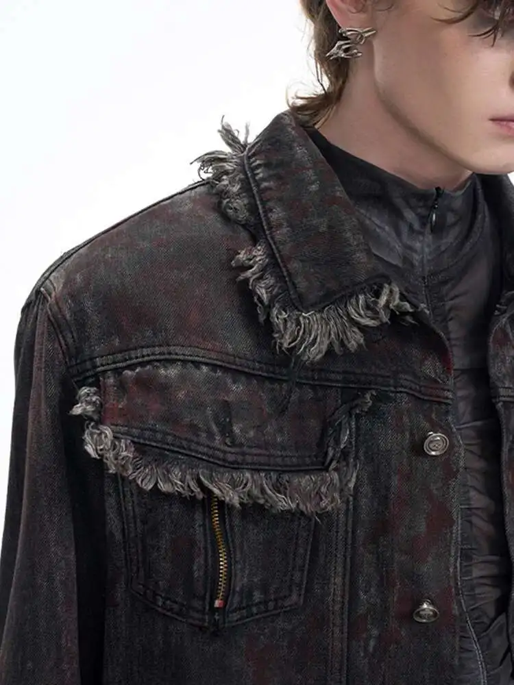 LUZHEN 2025 Wornout Burr Edge تصميم مرقع فضفاض مستقيم واسع الساق جينز رجالي موضة الشارع الأصلي الدنيم سترة LZ8607