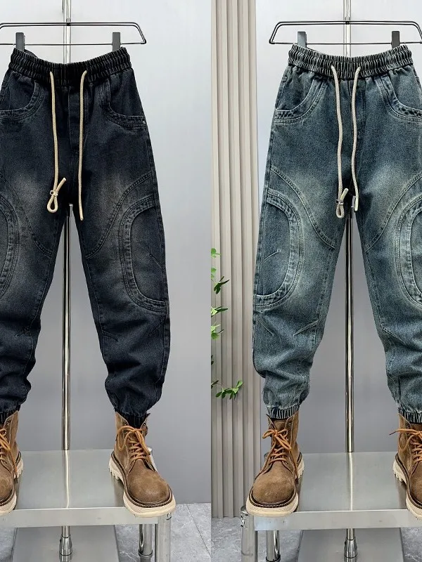 

Мужские джинсы Slim Fit, повседневные, весна-осень, новые, в корейском стиле, брюки-харланы со средней посадкой, с пэчворком, хлопок/полиэстер