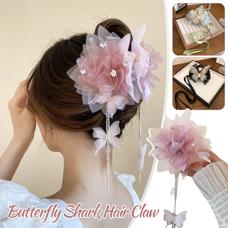 

1PC Women Retro Hairpin Mesh Flower Butterfly Tassel Hair Clip Fairy Sweet Ribbon Hair Shark Clip Chinese Style Hair Accessories