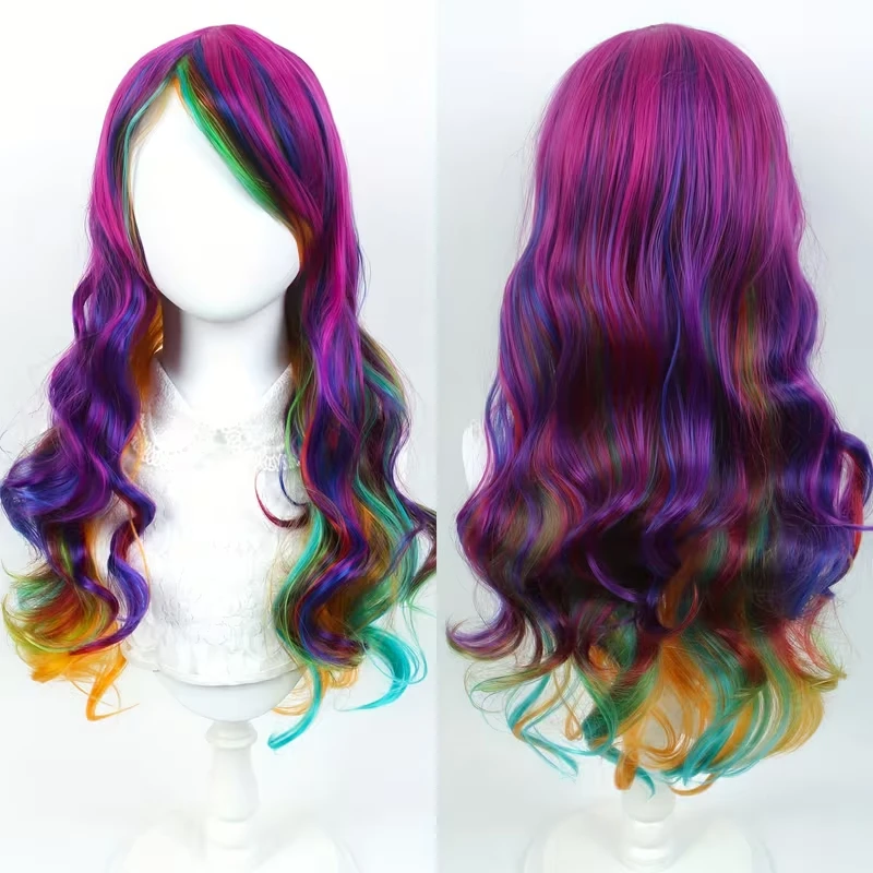 

Семицветный синтетический волнистый парик в стиле Харадзюку с боковой челкой для косплея в стиле аниме на Хэллоуин, цветной парик для вечеринки.
