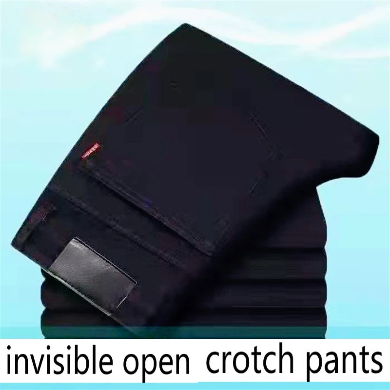 Invisible Zipper Crotch Pants Pure Black Denim Men's Loose Straight Spring and Summer Elastic Slim Deep File High Waist Casual