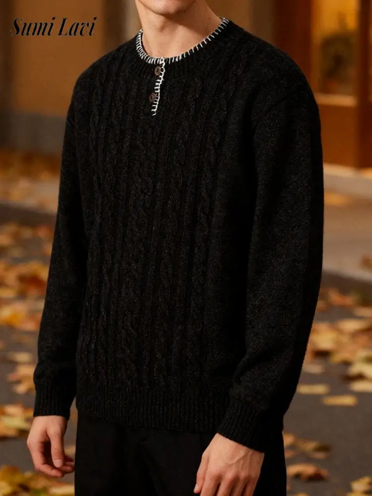 

Streetwear Vintage Mens Henley Neck Sweater Casual Buttoned Long Sleeve Knit Sweaters Men Spring Autumn Fashionable Jumper Tops