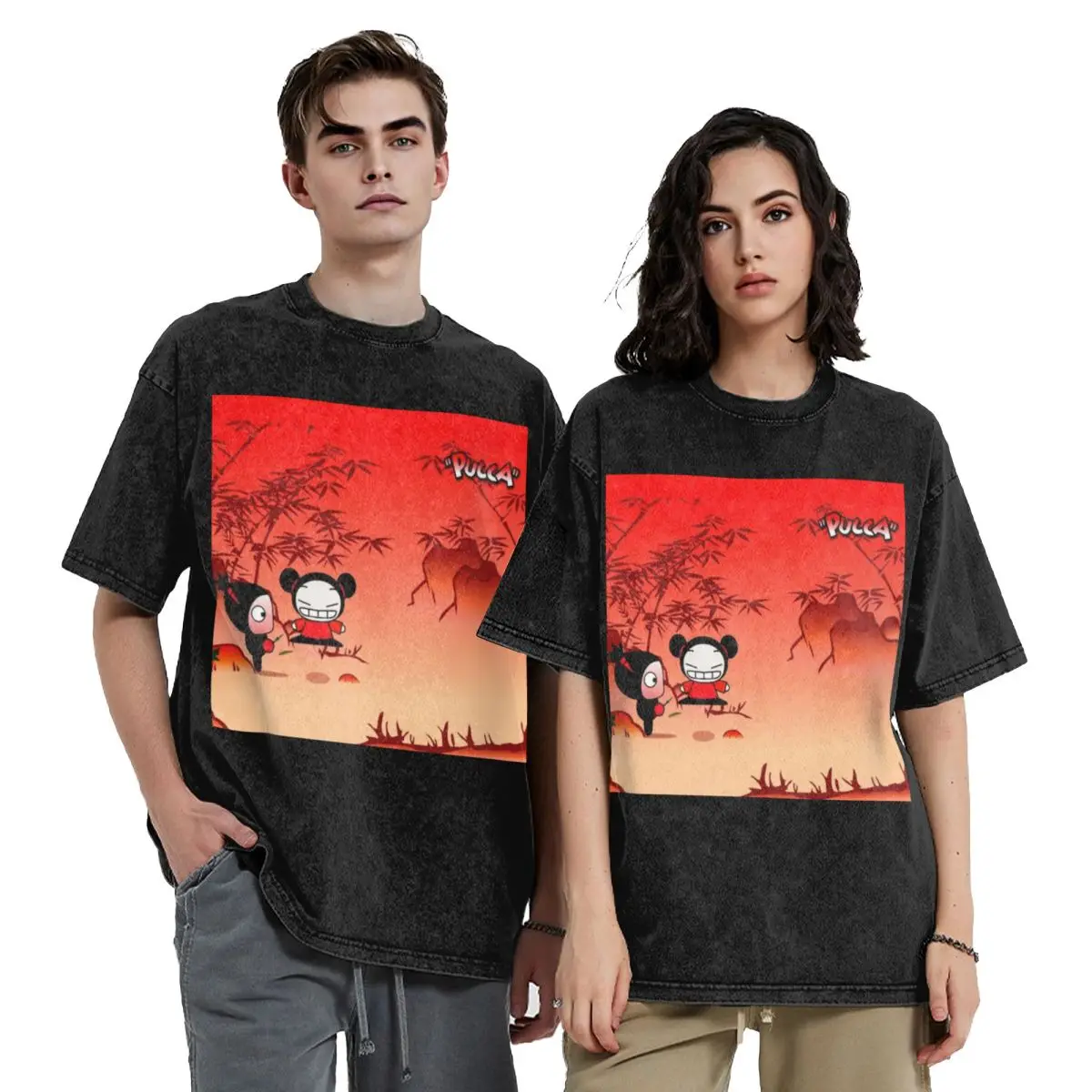 Pucca Mouse Pad Ecpuezpvoei Washed T Shirts Cotton Short Sleeve Hip Hop T-Shirt Streetwear Tops Tees for Men Women