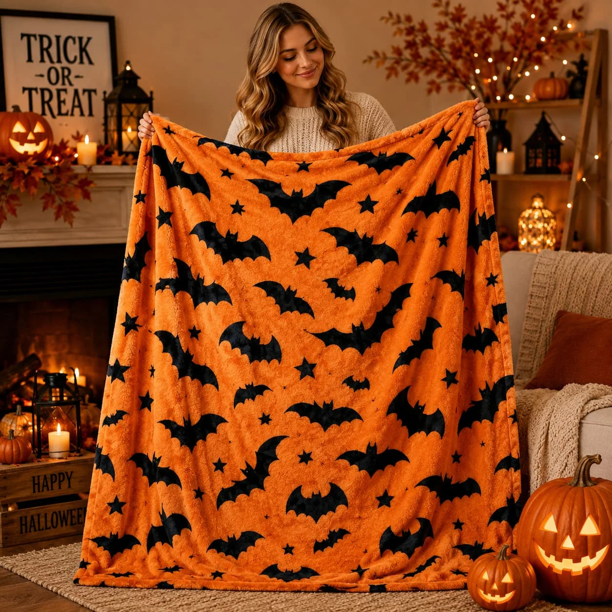 Halloween Throw Blanket |   Halloween Throw Blanket: Soft Black Bats Silhouette On Orange Velvet Flannel For Sofa Bed Couch Chair Dorm-Halloween Decor, Halloween Decorations, Home Decor, Fall Decor, Christmas Decrotions