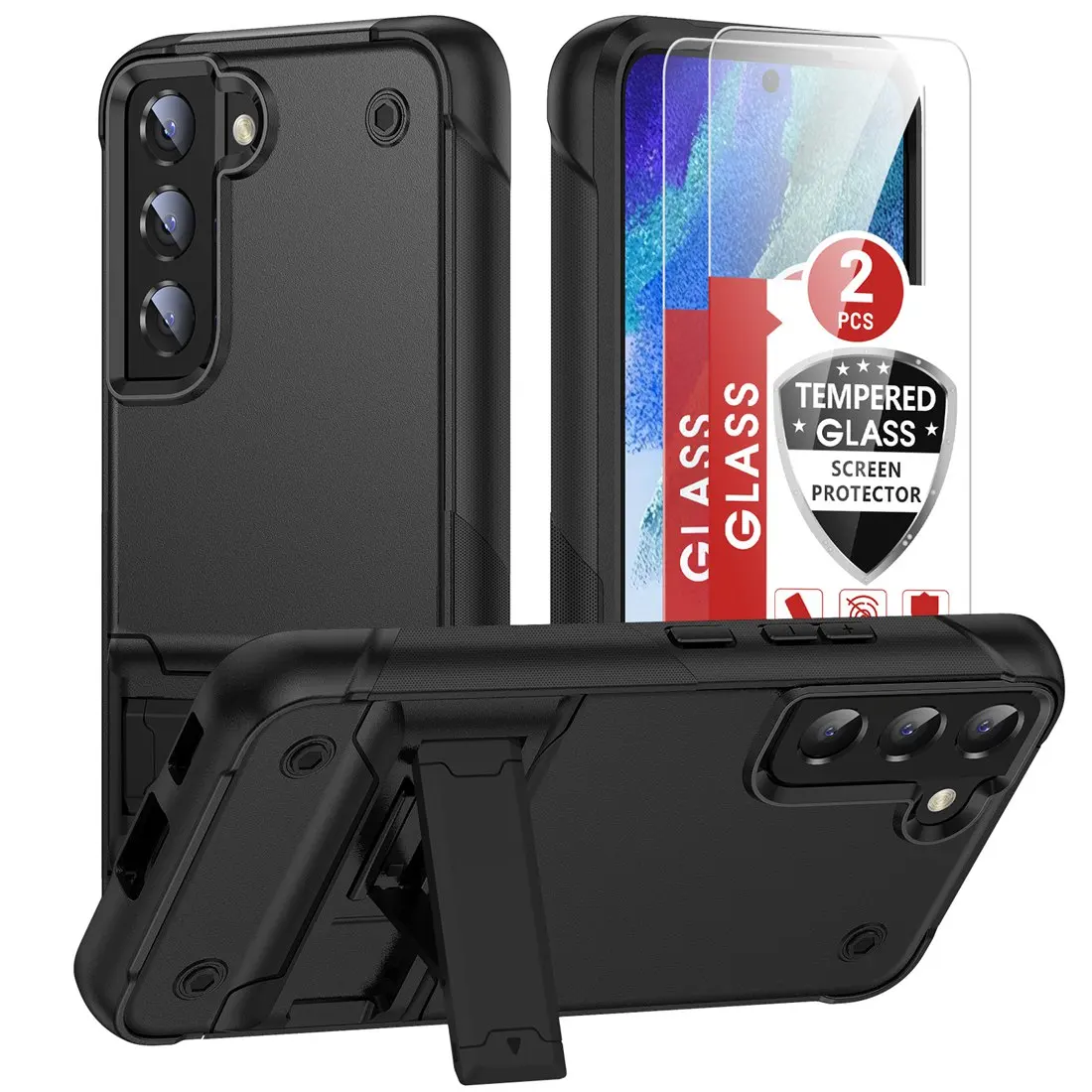 Heavy Rugged Tough Military Grade Built-in Kickstand Shockproof Case For Samsung Galaxy S21 FE 5G 6.4 +2pack Screen Protector