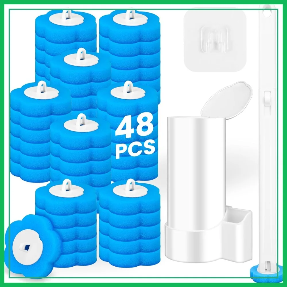 

Disposable Toilet Brush and Holder Set with 48 Refills, Extended Handle for Bathroom Cleaning