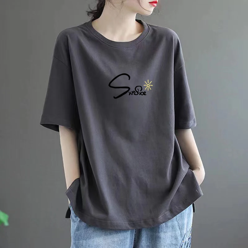 

Faionable Pure Cotton Casual ort Sve T-irt Women's Top Slimming Summer Basic round Ne Sweatirt Comfortable Fit