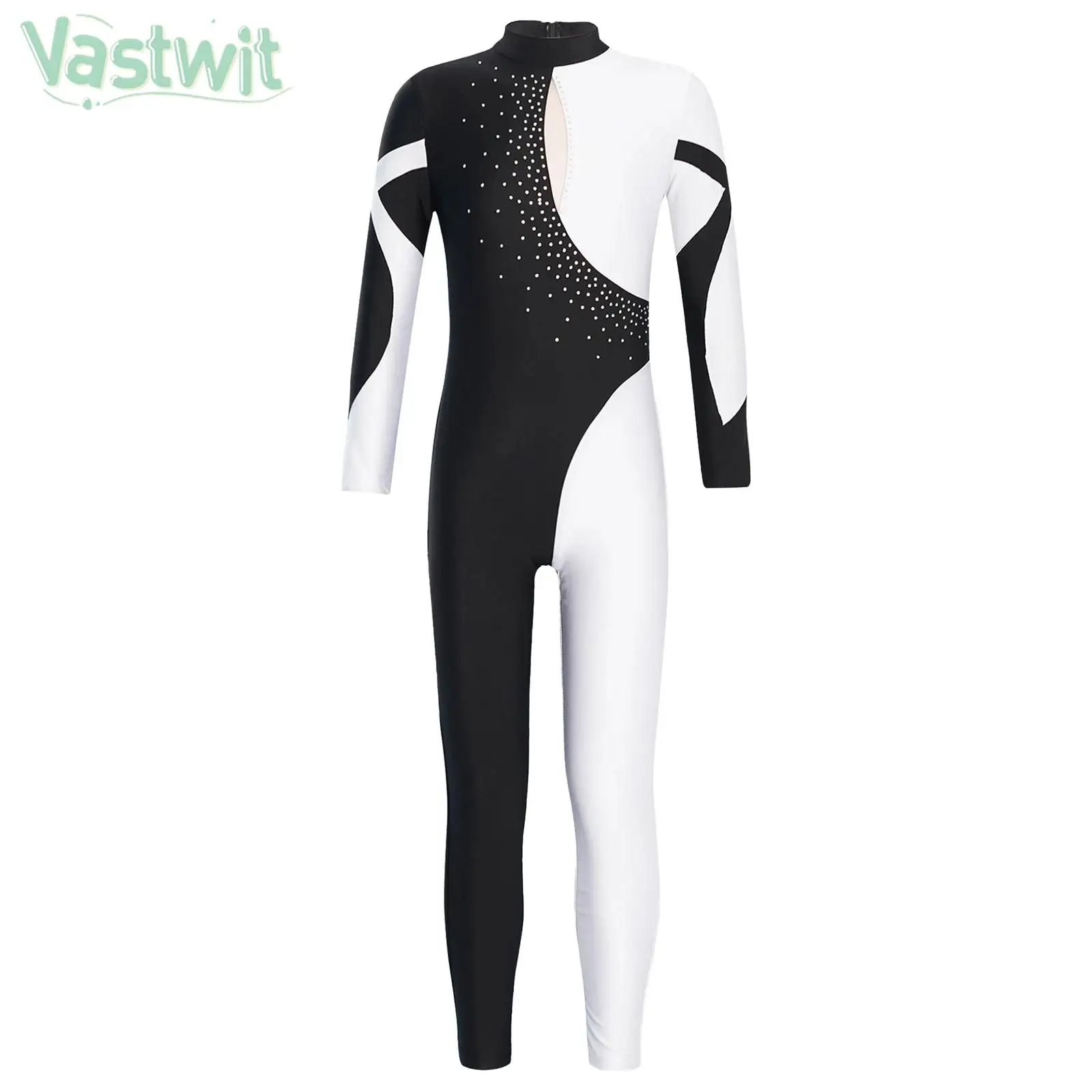 Children Girls Ballet Dane Gymnastics Leotard Acrobatics Yoga Skating Performance Costume Long Sleeve Shiny Rhinestone Jumpsuit