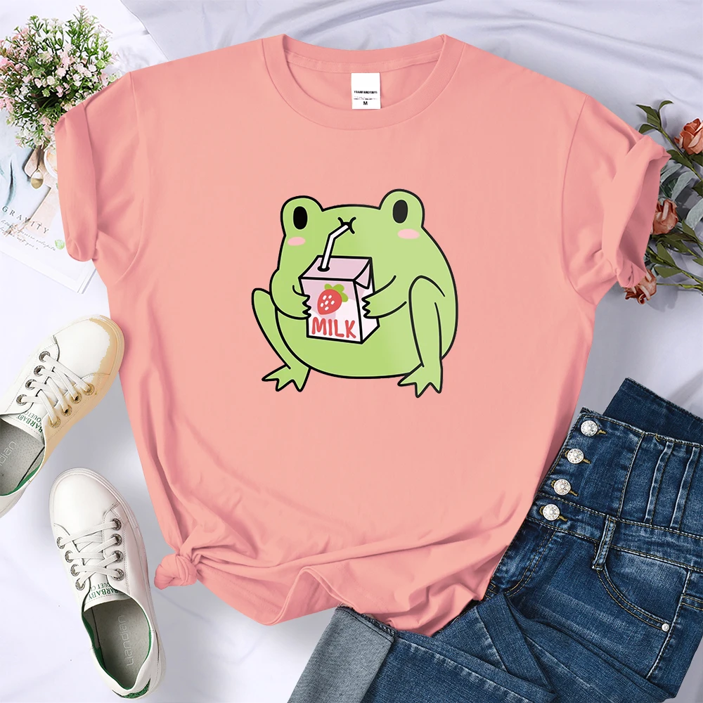 Cute Strawberry Milk Frog Metal Print T Shirts Women Fashion Loose T-Shirt Street Summer O-Neck Tops cool Quality Woman T-Shirts