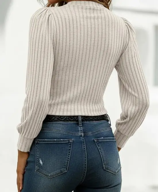 

Top Women 2026 New Spring Autumn Fashion Button Decor Asymmetrical V-Neck Long Sleeve Ribbed Tee Casual Knit Brushed Top