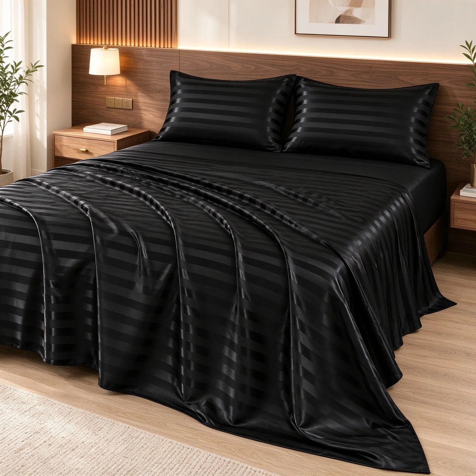 Black Striped Satin 4-Piece Sheet Set, Luxury Silky Bedding, 15 Inch Deep Pocket Fitted Sheet, Wrinkle & Fade Resistant, Twin Full Queen King Multi Sizes for Bedroom Decor