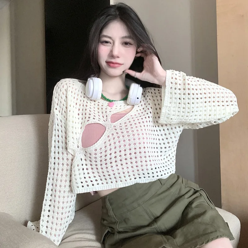 Knitted Mesh Blouses Women Hollow Out Design Long Sleeve Pullover Solid Color O Neck Loose Fit Breathable Crop Top Summer