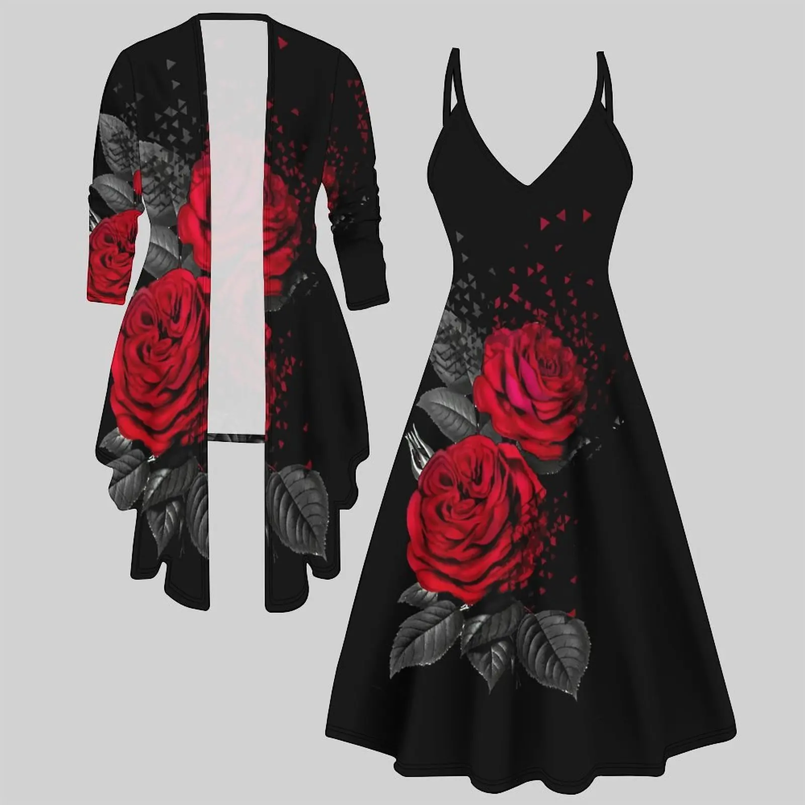 Conjunto de Dos Piezas con Estampado de Moda para Mujer, Vestido Midi con Cuello en V, Manga 3/4, Dobladillo Asimétrico, Cárdigan Abierto por Delante, Atuendo Informal para Vacaciones
