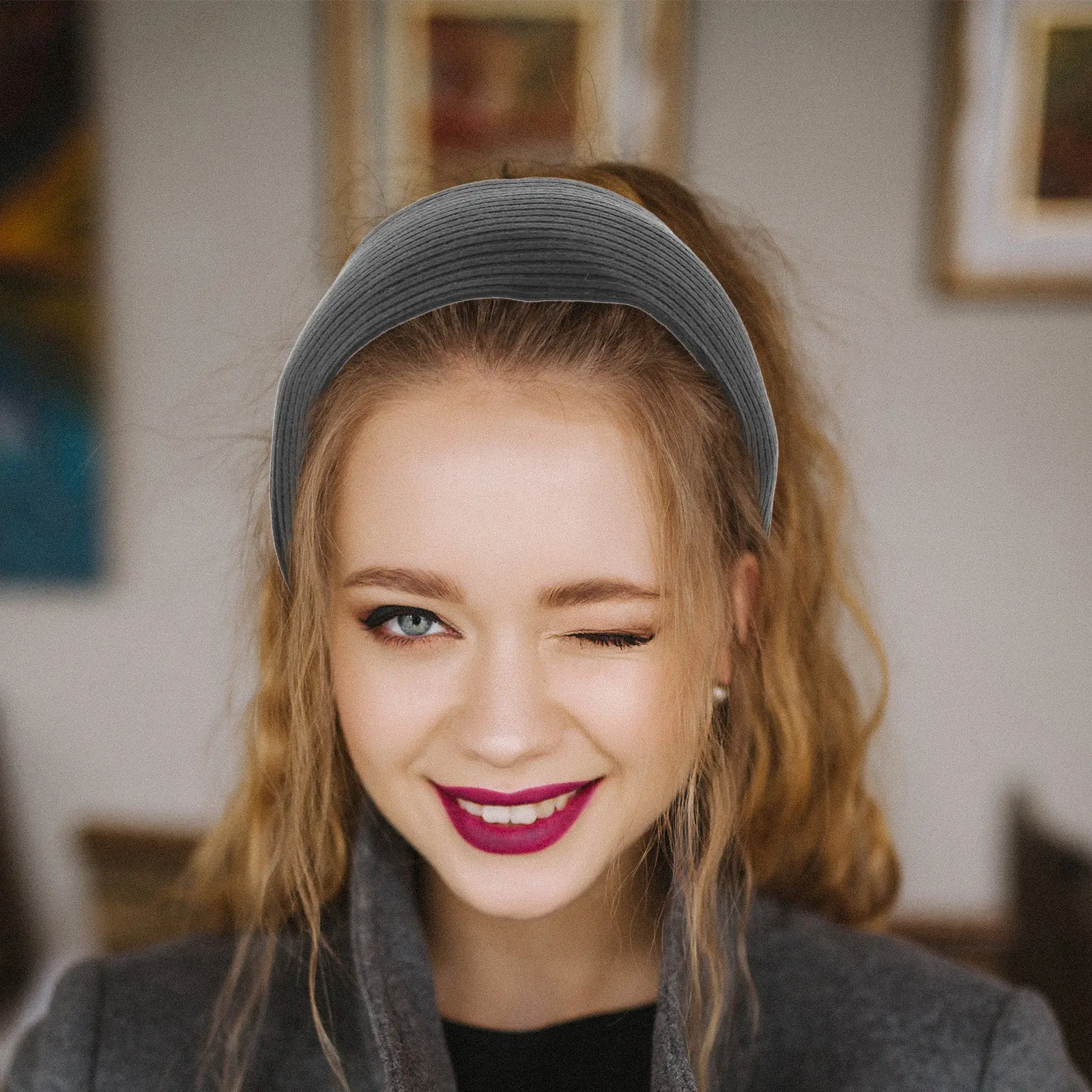 Wide Headband Grey Thick Large Head Bands Non-Slip Elastic Stretchy Workout Hairband French Hair Wraps for Women