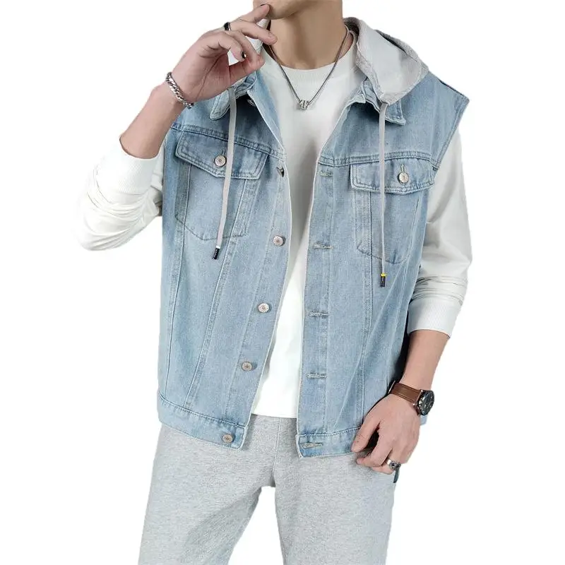 New Stylish Cool Men`s Denim Vest Loose Fit With Hood Street Hoodie Retro Waistcoat Sleeveless Jeans Jacket For Men