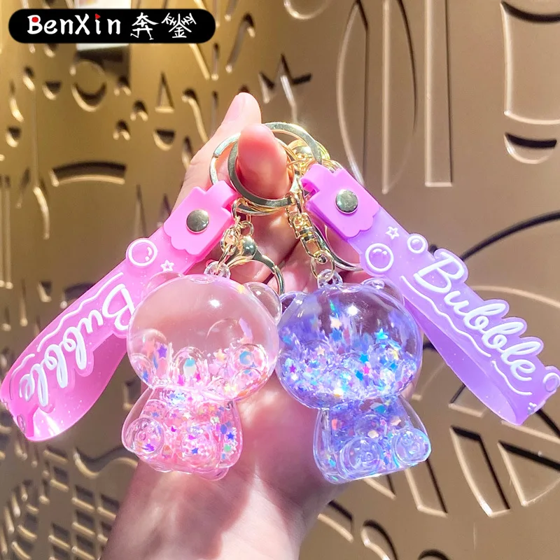 قلادة حقيبة سلسلة مفاتيح الدب الراقية والرائعة من Miniso، قلادة سلسلة مفاتيح السيارة الكرتونية، هدية صغيرة