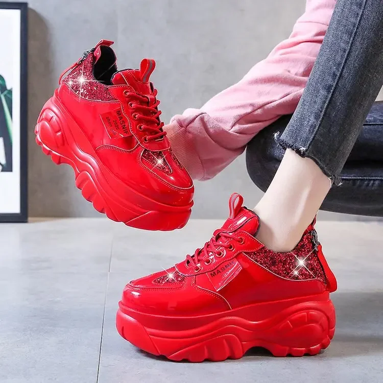 New Women Glitter Sneakers Casual Female Lace Up Zipper Platform Shoes Fashion Comfort Dad Chunky White Black Red g87