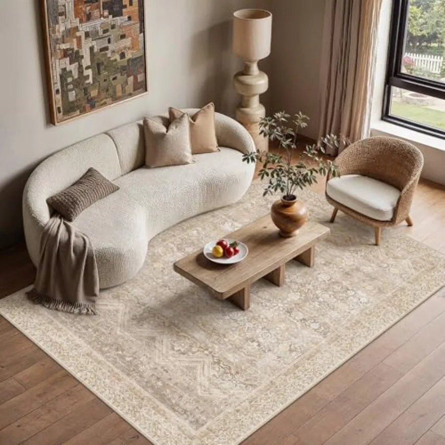

Living room retro beige washable area rug: vintage boho style, soft durable low-pile non-slip carpet, no shedding, ideal for be