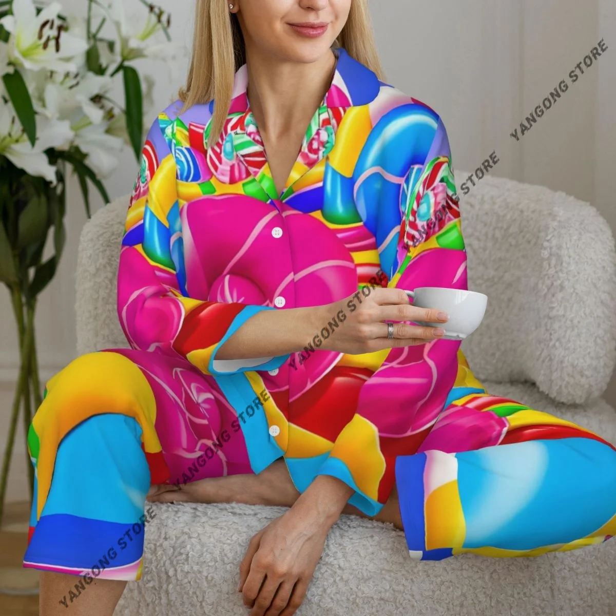 

Женская одежда для сна, домашняя одежда, рубашка с длинными рукавами и воротником с лацканами и брюки с эластичной резинкой на талии, пижамный комплект