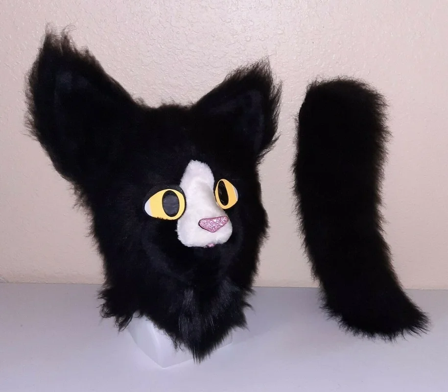 

Black Plush Cat Fursuit Partial Animal Costume Kitty Mascot Head and Tail