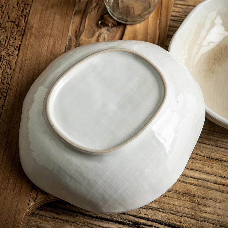 

Vintage Crackle Glaze Ceramic Salad Bowl Irregular Shape Unique Design Handmade Tableware