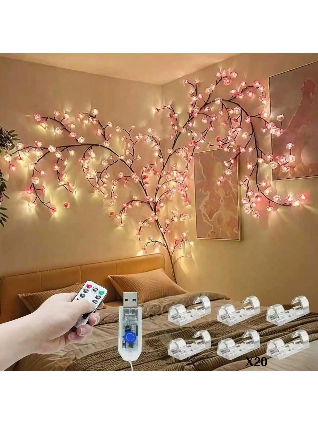 1PC Flexible Cherry Blossom Twig Wall Lights 72LED, 8 Lighting Modes Remote Control Timer Willow Vine Fairy Light, Floral Spring Decor Lamp for Bedroom Living Room Wall