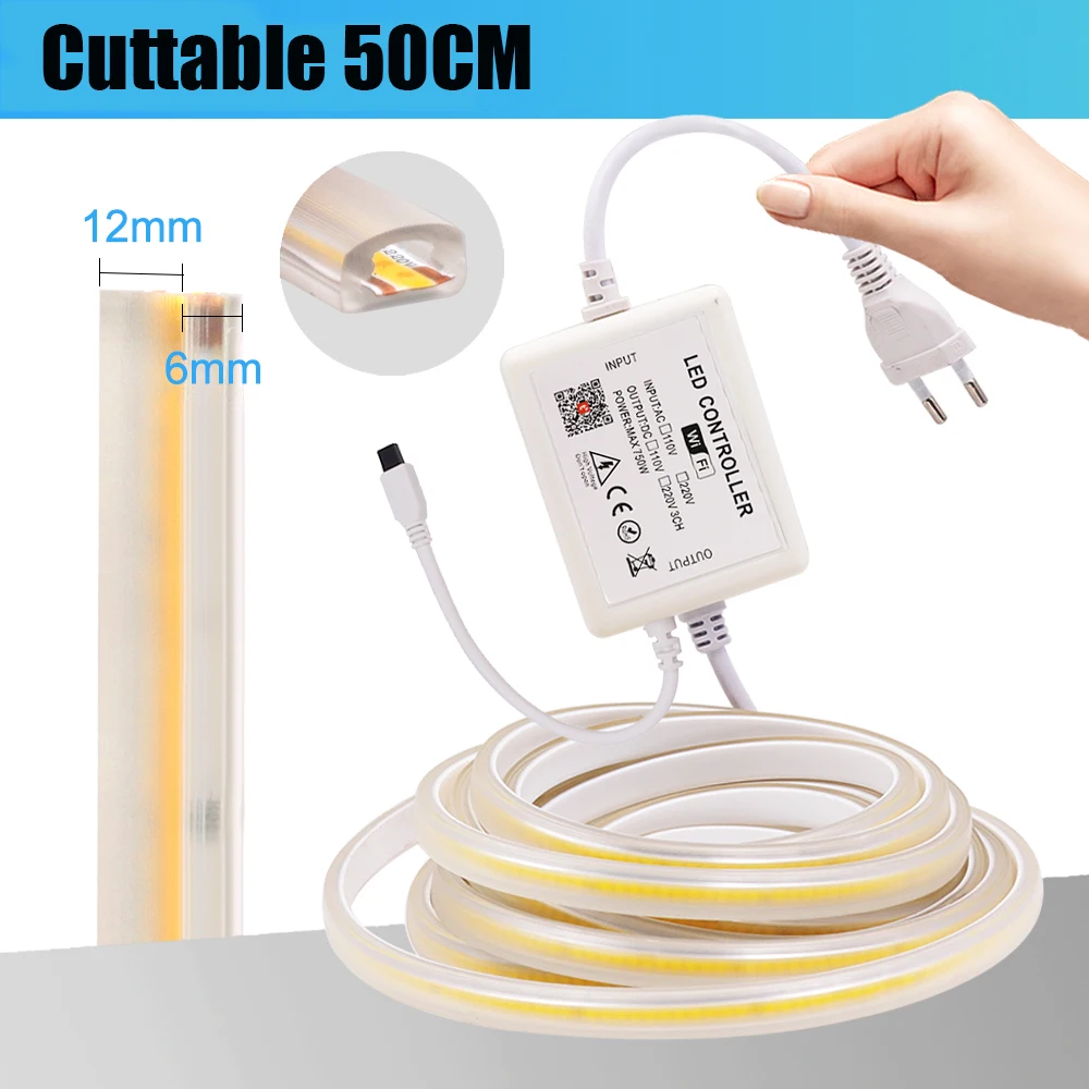 Tuya WIFI Alexa Control Dimmerable AC 220V COB Strip IP65 Waterproof Bluetooth Flexible Ribbon Stripe Chain Tape LED Light