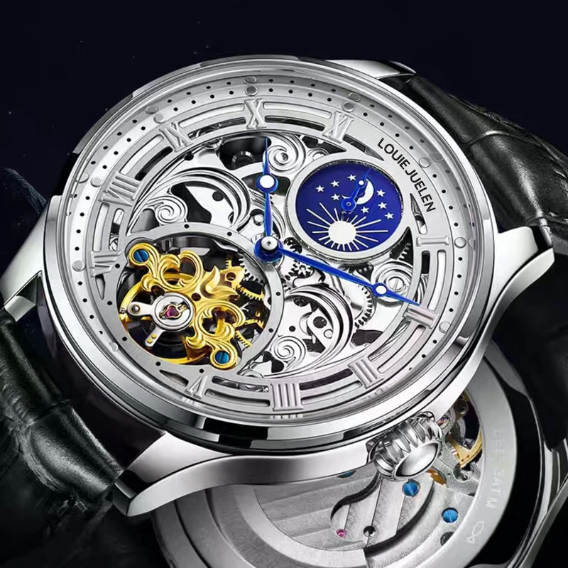 

Лучший бренд, роскошные автоматические часы с турбийоном, мужские модные полые механические часы с фазой Луны, мужские кожаные наручные часы со скелетом
