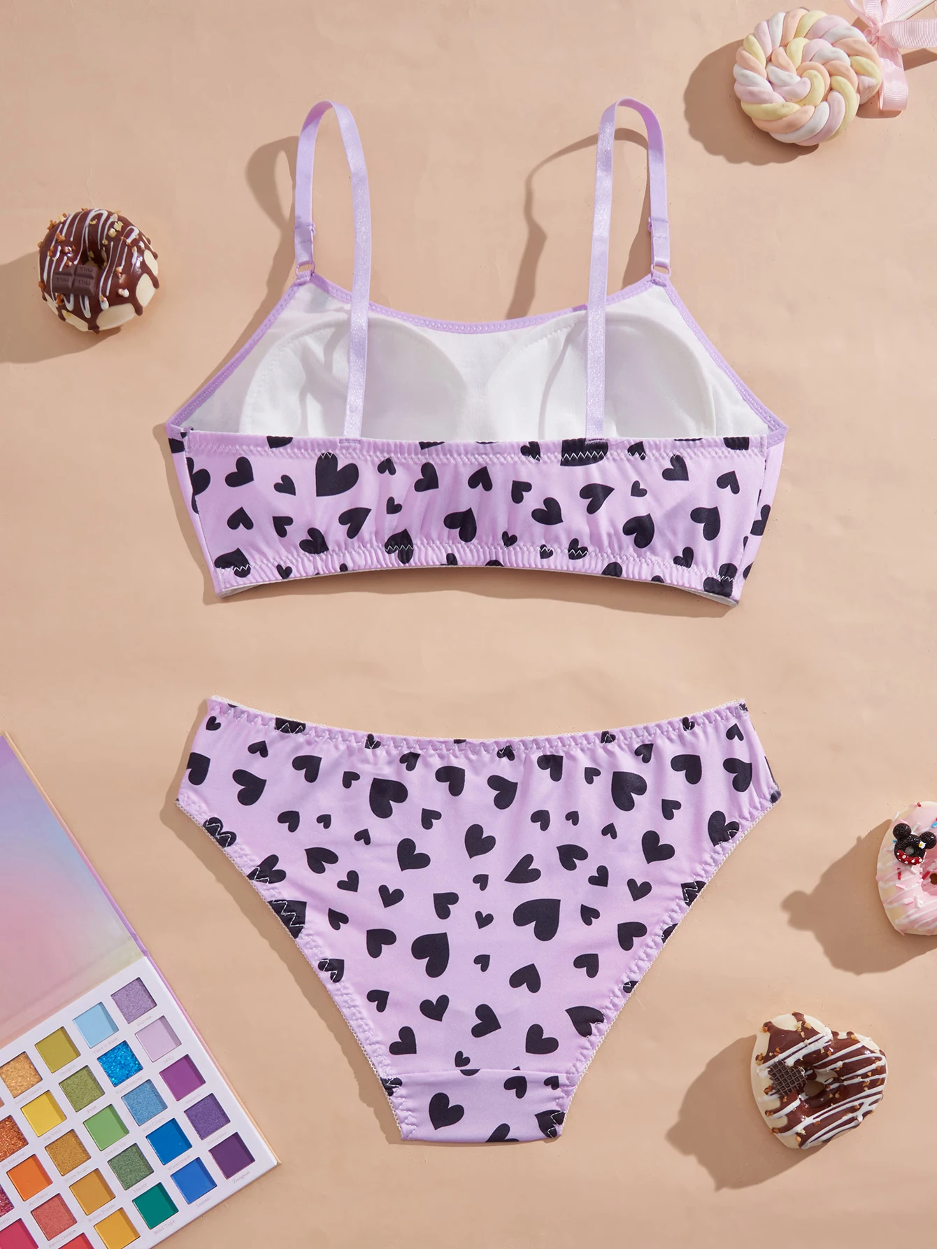 Conjunto de sujetador y bragas para adolescentes con estampado de corazones morados, sujetador sin aros y con relleno, bragas suaves y tirantes ajustables, lencería suave.