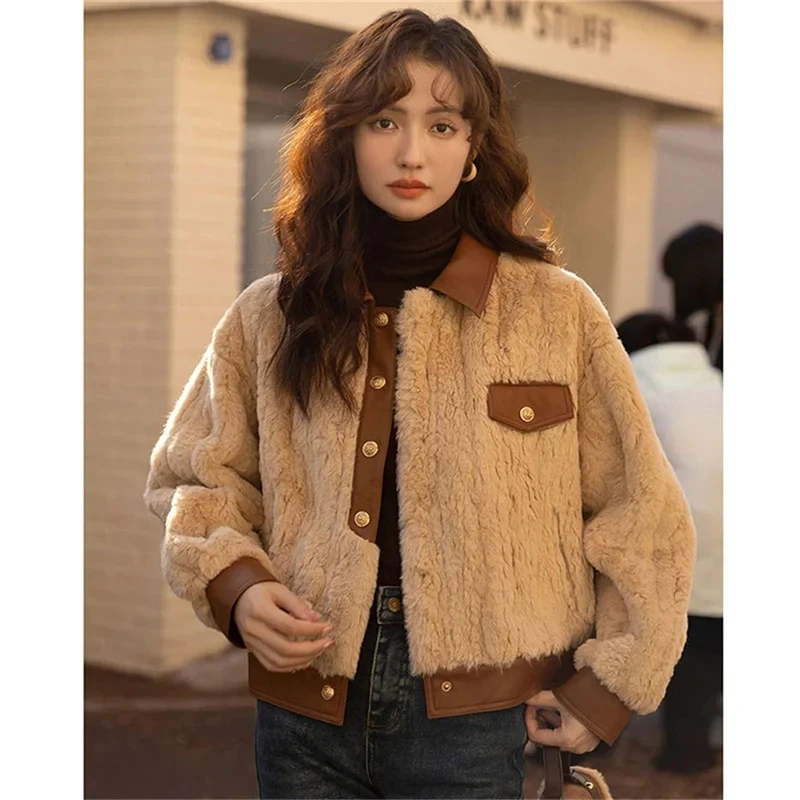 High Quality 2024 Autumn Winter New Women's Imitate Lamb Hair Combination Leather Short Thick Coat Imitation Fur Jacket Ladies