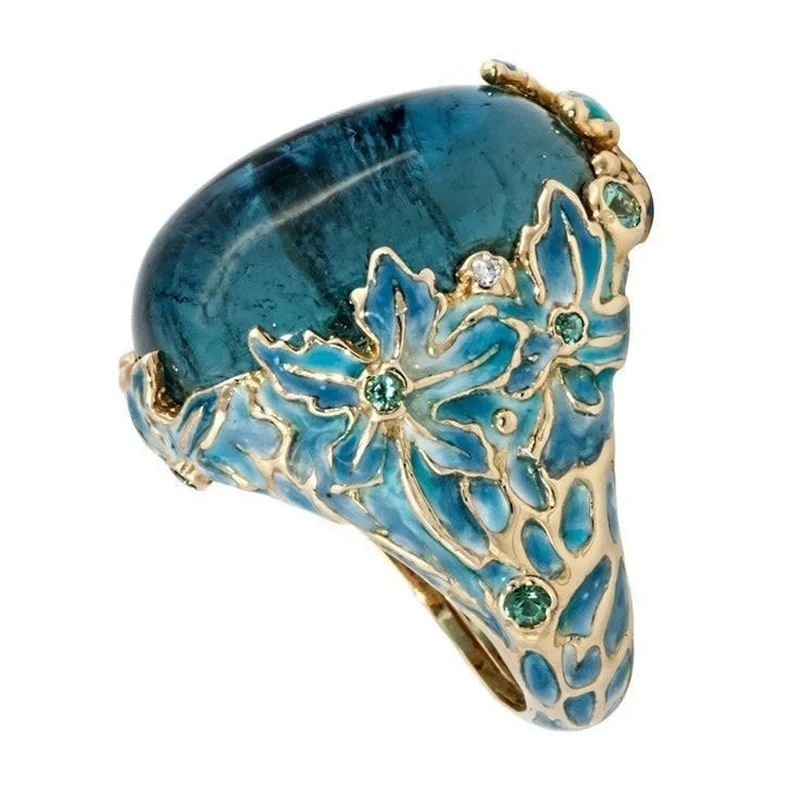 Elegant Women Fashion Gold Color Carving Enamel Flower Rings for Women Creativity Inlaid Blue Stone Engagement Ring Jewelry