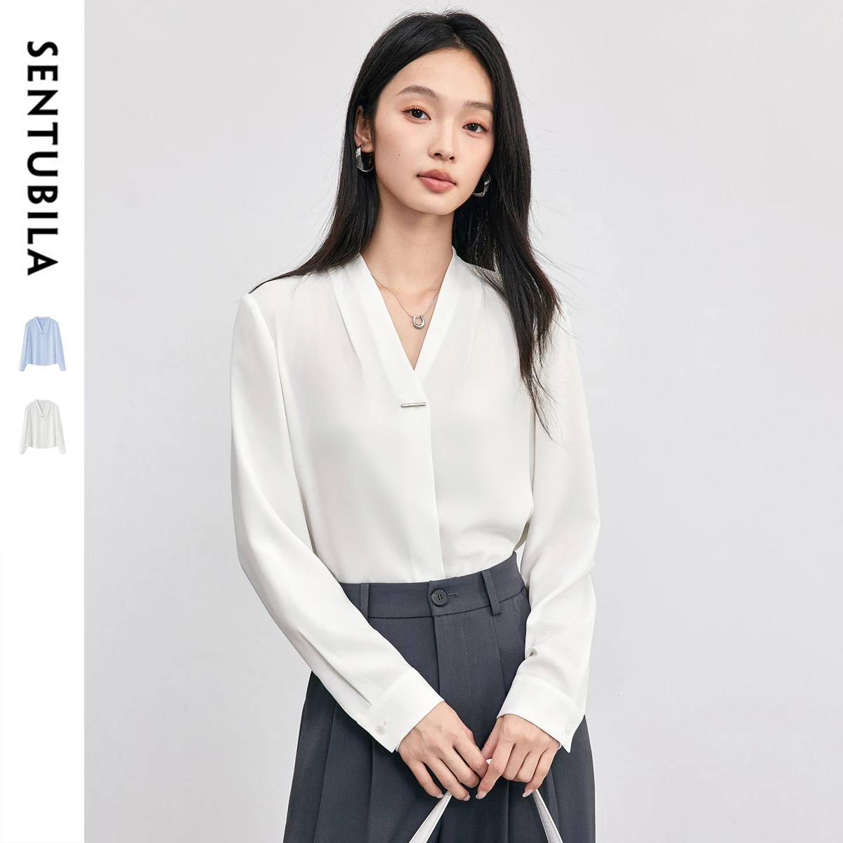 

SENTUBILA Long-sleeved Shirt Woman 2025 Autumn Simple V-neck Shoulder Darts Shirt Chiffon Blouse Elegant Tops 153VA2437