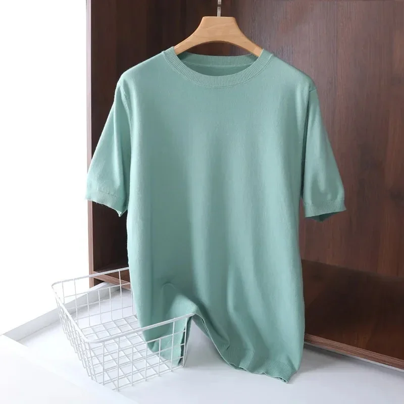 Superfijne merinowol T-shirt heren gebreid O-hals ademend dun kasjmier korte mouw T-shirt effen kleur tops