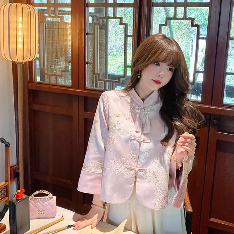 2023 Sweet Vintage Stand Collar Floral Embroidery Tassel Long Sleeve Tang Suit Jacket Women Chinese Elegant Blue Slim Shirt