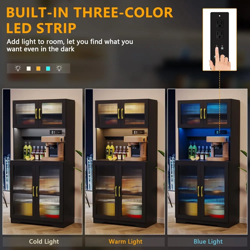 with Charging Station, Sockets & USB Ports, Kitchen Pantry Cabinet, Buffet Sideboard, Microwave Cabinet with Top